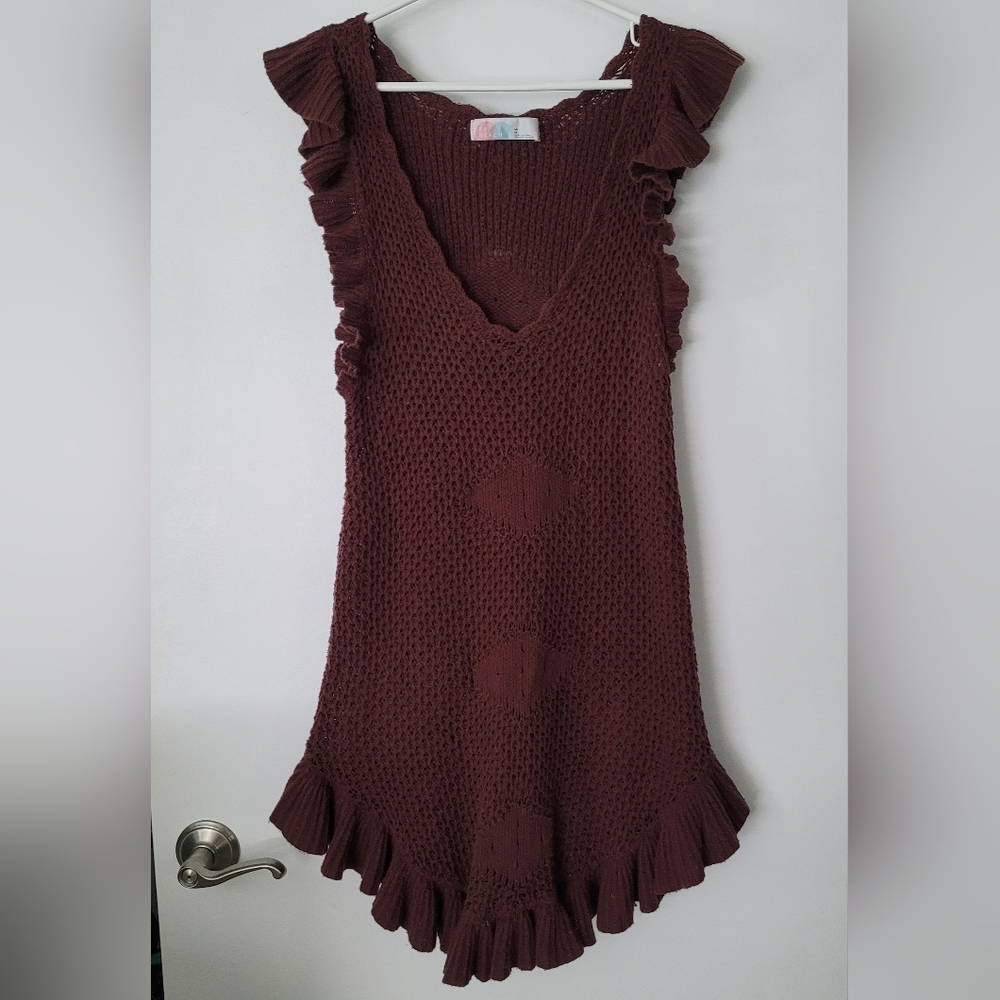 Free People Beach Dress Crochet Rum Raisin Brown Knit Mini Size M Summer